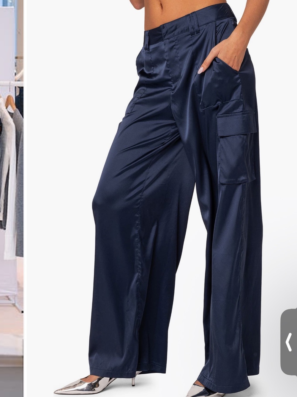 Edikted Navy Satin Wide-Leg Cargo Pants
